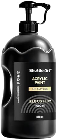 Shuttle Art Black Acrylic Paint, 33.8oz/1000ml Large Capacity Pump Bottle with Cover, High Coverage True Black, Fast Drying Non-Toxic Art Paint for Artists, Students, Kids & DIY Crafts