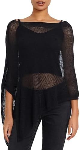 Women Sheer Knit Poncho Top Beach Cover Up Lightweight Crochet Shrug Y2k Summer See Through Shawl