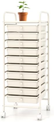 Storage Cart, Rolling Utility Cart with 10 Drawers, Portable Handles & Lockable Wheels, Mobile Paper Toys Storage Organizer Large Capacity for Home Office School Teacher (White)