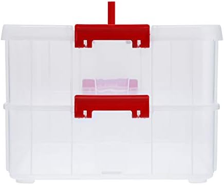 BTSKY 2 Layer Stack & Carry Box, Plastic Multipurpose Portable Storage Container Box Handled Organizer Storage Box for Organizing Stationery, Sewing, Art Craft, Jewelry and Beauty Supplies(Red)