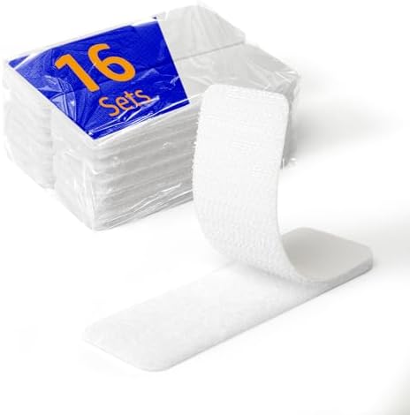 16 Sets 1 x 3 Inch Adhesive Hook and Loop Tape Fastener Strips, Heavy Duty, Strong Back Adhesive, Double-Sided Hook and Loop for Fabric, School, Classroom, Office, Dorm, Home Use, White