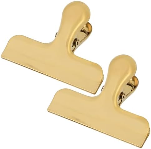 2Pcs Gold Chip Clips, 3 Inch Wide Stainless Steel Brass Notebook T Clip, Heavy Duty Food Bag Clamp, Vintage Retro Hinge File Bill Holder Sealing Air Tight Clips Modern Kitchen Office Accessories