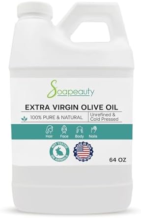Soapeauty Extra Virgin Olive Oil, 100% Pure Cold Pressed Unrefined Carrier Oil for Skin, Hair, Massage & DIY Soap Making, 64 fl oz
