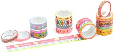 Cute Cartoon Washi Tape Set 16 Rolls Bright Colors Kawaii Masking Graphic Decorative Tapes for Arts, DIY Crafts, Journals, Planners, Scrapbook, Wrapping