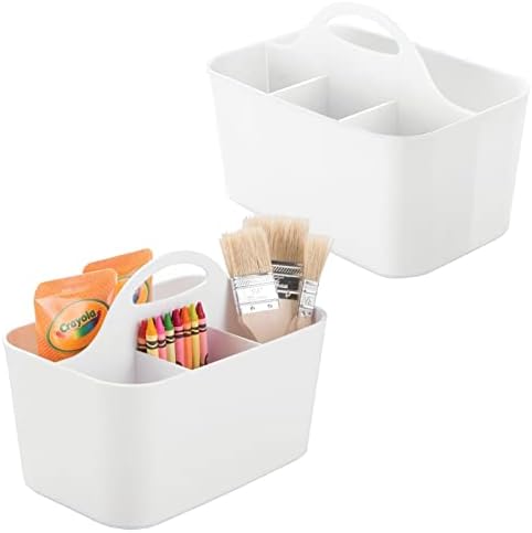 mDesign Plastic Portable Craft Storage Organizer Caddy Tote, Divided Basket Bin w/Handle - Craft, Sewing, Art Supplies - Holds Brushes, Colored Pencils - Lumiere Collection - White, 2 Pack