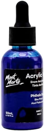 Mont Marte Acrylic Ink Premium 50ml - Phthalo Blue, Acrylic Inks for Artists, Fluoro Colors, Ideal for Air Brush, Pouring Art, Scrapbooking, Ink Drawing, Mixed Media