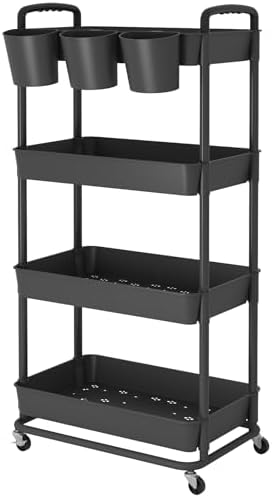 JIUYOTREE 4-Tier Plastic Rolling Storage Cart Utility Cart with Extra Hanging Cups Handles Lockable Wheels for Living Room Bathroom Kitchen Office Black