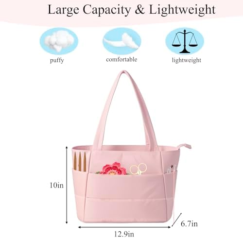 Crochet Bag for Yarn Storage, Puffer Knitting Bag with Soft Handles, Lightweight Yarn Storage Organizer with Zipper for Crochet Accessories, Gifts for Crocheters (Pink)