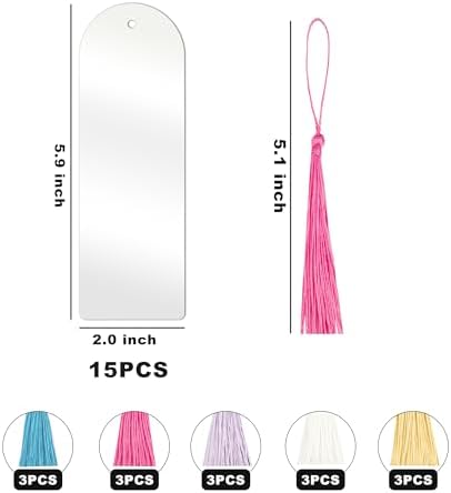 Acrylic Bookmarks Blanks Bulk 30PCS Semicircle Clear Bookmark Plastic Blank 15 Sets with 5 Color Tassels for Vinyl DIY Craft (5.9 * 2.0 inch)