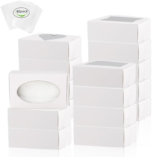 36Pcs White Kraft Soap Boxes with Window & 40pcs Shrink Bags, 3.54 x 2.36 x 1.18 Inch, Perfect for Homemade Soap & Gifts