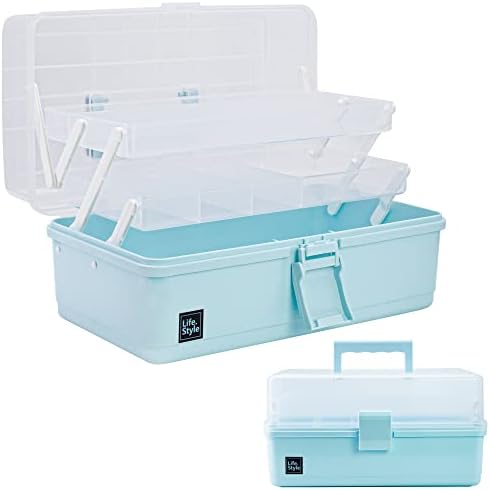 Creahaus 13 inch Art Craft Organizer Storage Box with 3 Layer, Multipurpose Plastic Tool Box with Handle for Sewing, Art Supply, Medicine, Nail, Hair Accessories (Blue)