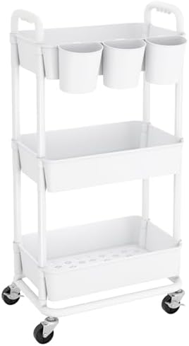 JIUYOTREE 3-Tier Plastic Rolling Storage Cart Utility Cart with Extra Hanging Cups Handles Lockable Wheels for Living Room Bathroom Kitchen Office White
