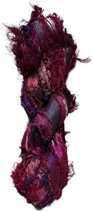 Maker's Craft Recycled Fuzzy Fringes Sari Silk Ribbon Yarn 35yards, 100Grams for DIY Knitting Crocheting Gift Wrapping, Christmas Decoration, Macrame Makers, Jewelry Making, Rugs Hooking (Maroon)