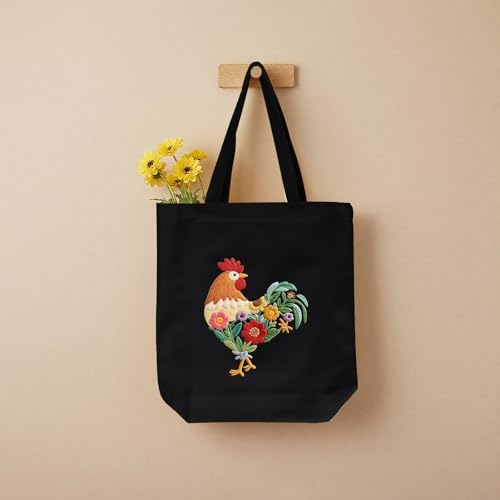 ERKOON Canvas Tote Bag Embroidery Kit for Beginners, Needlepoint Arts Crafts Cross Stitch Kits for Adults Including Stamped Embroidery Bag with Hoops, Needle, Instruction and Color Threads (Rooster)