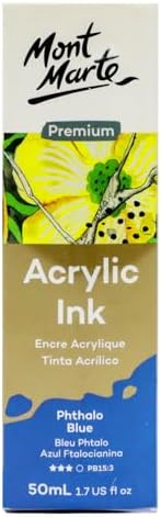 Mont Marte Acrylic Ink Premium 50ml - Phthalo Blue, Acrylic Inks for Artists, Fluoro Colors, Ideal for Air Brush, Pouring Art, Scrapbooking, Ink Drawing, Mixed Media