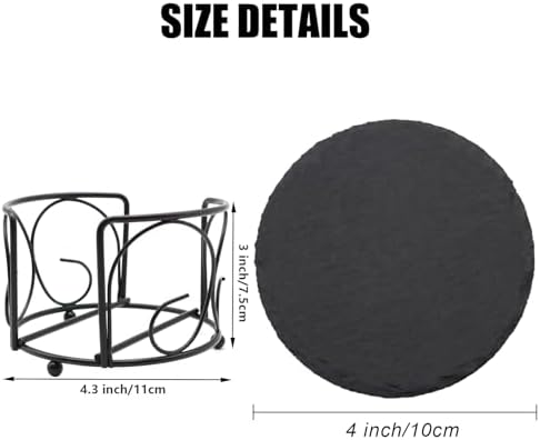 8 Pack 4 Inch Round Black Slate Coasters Set with Storage Holder