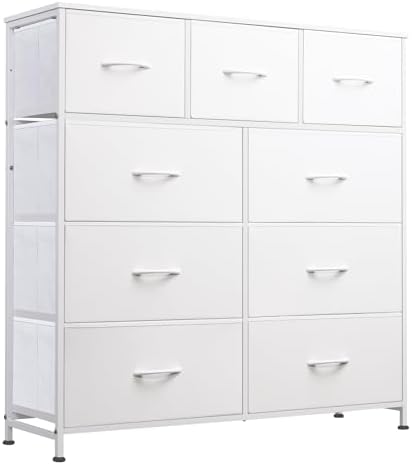 WLIVE Tall Dresser for Bedroom, 9 Drawer Chest of Drawers, White | 9 roomy fabric drawers, Tall storage design, Bedroom or closet use, Sturdy steel frame, Smooth wood tabletop