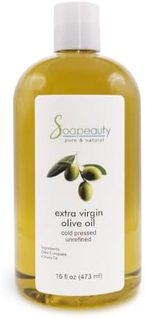 Soapeauty Extra Virgin Olive Oil, 100% Pure Cold Pressed Unrefined Carrier Oil for Skin, Hair, Massage & DIY Soap Making, 16 fl oz