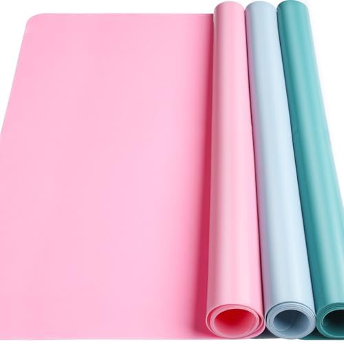 LEOBRO Silicone Mat for Crafts, 3 PCS 23.4” x 15.6” Large Silicone Mats, Craft Mats for Resin Molds, Clay, Dough, Jewelry Making, Sculpture Casting, Pastel Pink & Dark Green & Pastel Blue