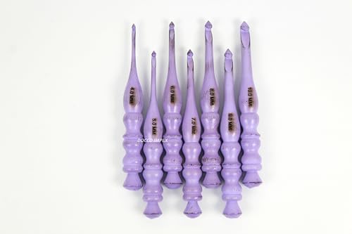 Handmade Ergonomic Wooden Crochet Hooks for Arthritic Hands (Set of 7) Needles for Yarn Accessories | Size 4 mm to 10 mm with Engraved | Yarn Tool (Purple)