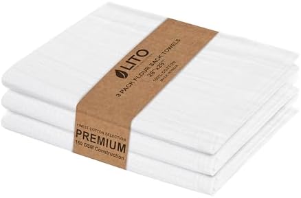 LITO LINEN AND TOWEL Flour Sack Towels – 100% Cotton, 28x28 Inches, Highly Absorbent, Embroidery-Ready Tea Towels for Kitchen & Crafts, Farmhouse Decor, Pack of 3 White