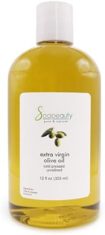 Soapeauty Extra Virgin Olive Oil, 100% Pure Cold Pressed Unrefined Carrier Oil for Skin, Hair, Massage & DIY Soap Making, 12 fl oz
