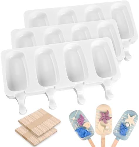 Sakolla 3 Pcs 4 Cavity Mini Popsicle Silicone Molds with 100 Wooden Sticks