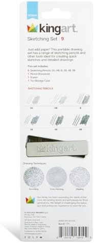 KINGART 9-Piece Essential Sketching & Drawing Pencil Set with Metal Storage Tin – Includes 6 Graphite Pencils (2H to 6B), Sharpener, and Eraser