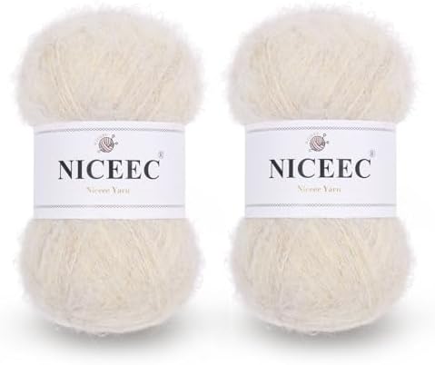 NICEEC 2 Skeins Long Pile Mohair Yarn 2.82oz/788yds - Off-White