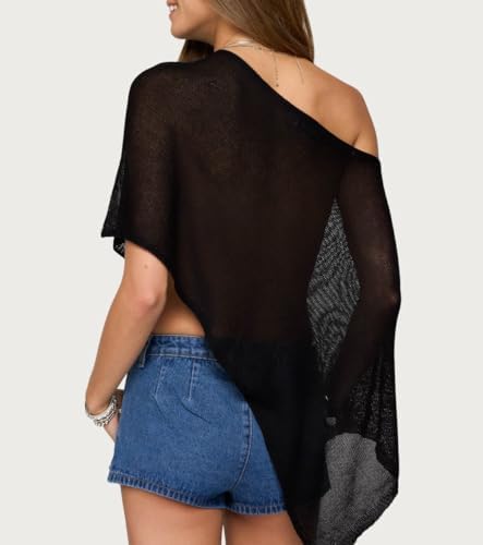 Women Sheer Poncho Shawl Top Lightweight Knit Pullover Beach Cover Up Tops