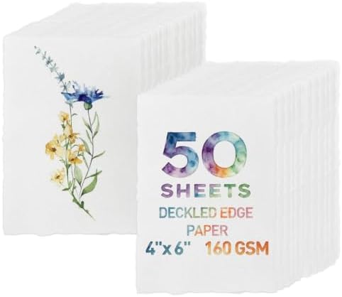 MAXECHO 50 Sheets Deckled Edge Paper 4" x 6" Handmade Textured Paper, 160 GSM Watercolor Paper for Crafts, Stationery, Invitations, Cards