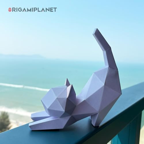 3D Origami Paper Craft Kit, Yoga Kitten Cute DIY Pre-Cut Animal Papercraft Model for Beginners, Fun Handmade Home Decoration Gift for Adults & Teens-Purple