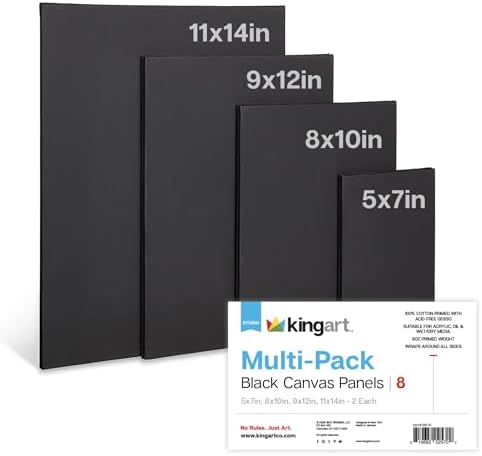 KINGART Black Canvas Panel Set – Large Rectangle Assortment, 8-Pack – 100% Cotton, Triple Gesso Primed Artist Boards for Acrylic, Oil, High-Contrast, & Mixed Media Painting