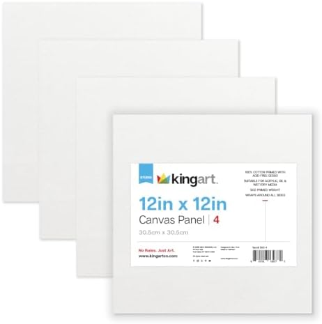 KINGART White Canvas Panel Set – Square, 12x12 Inch, 4-Pack – 100% Cotton, Pre-Primed Gesso Artist Boards for Acrylic, Oil, Sketching, & Mixed Media Painting