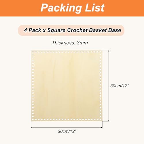 PATIKIL 12 x 12 Inch Crochet Basket Base, 4 Pcs Basket Bottoms Square Wood Base Shaper Bag Making Supplies Weaving Knitting Kit for Crochet Shoulder Bag Handbag Purse Craft