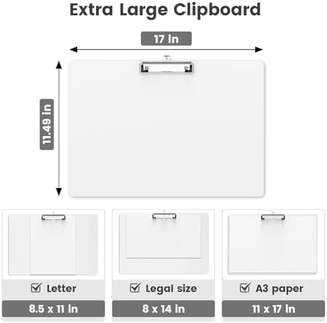 Extra Large 11x17 Clipboards, Plastic White Drawing Boards, Horizontal Clip Board, Landscape Layout. Suitable for Watercolor, Sketching, Painting. Art & Drafting Supply(Pack of 6)