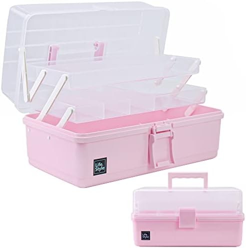 Creahaus 13 inch Art Craft Organizer Storage Box with 3 Layer, Multipurpose Plastic Tool Box with Handle for Sewing, Art Supply, Medicine, Nail, Hair Accessories (Pink)
