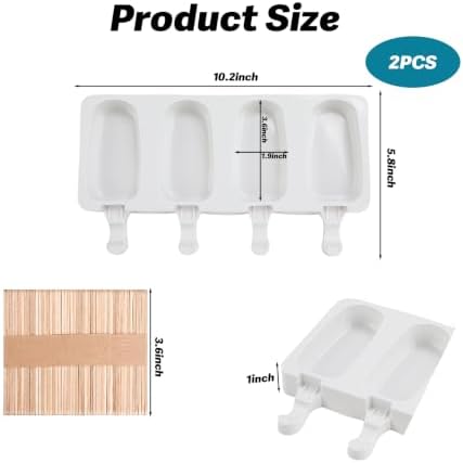 Popsicles Molds, 2Pcs Homemade Cake Pop Molds with Wooden Popsicles Sticks, Reusable Silicone Ice Pop Cream Cakesicle Maker Mold 4 Cavities for Home DIY Craft, White