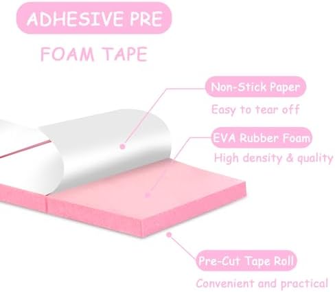 Double Sided Foam Tape Pre Cut 3/4 X 1/2 Inch EVA Foam Adhesive Squares Roll with Acrylic Storage Box 3D Foam Squares for Crafts Arts Sewing DIY Office Supplies (Tape+Box, Pink)