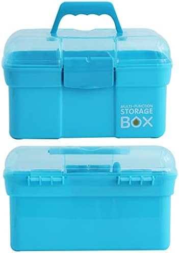 Kinsorcai 11'' Plastic Storage Box with Removable Tray, Multipurpose Organizer and Storage Case for Art Craft and Cosmetic (Blue)