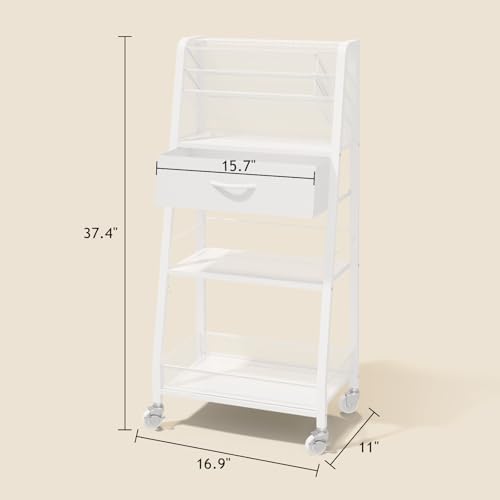 Homsorout 3 Tier Rolling Cart - Metal Utility Cart with Storage Drawer and Wheels, Versatile Art & Craft Organizer for Home, Office, or Studio - Ideal for Storing Brushes, Paints, and Supplies（White）