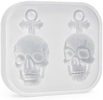 Gothic Bat Top Faceted Skull Silicone Resin Mold with Pre-Made Hanging Hole, 2 Cavity Skull Pendant Epoxy Mold, DIY Jewelry Charm Casting Supplies for Halloween & Christmas Crafts (KL05)