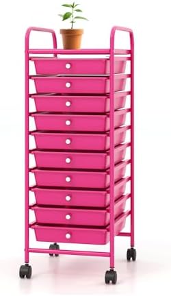 Storage Cart, Rolling Utility Cart with 10 Drawers, Portable Handles & Lockable Wheels, Mobile Paper Toys Storage Organizer Large Capacity for Home Office School Teacher (Hot Pink)