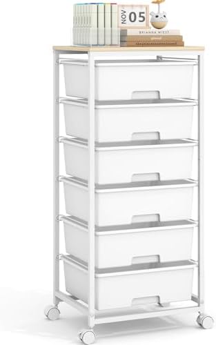 6 Drawer Rolling Storage Cart with Wooden Top and Wheels for Crafts,White