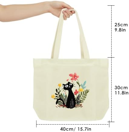 ERKOON Canvas Tote Bag Embroidery Kit for Beginners, Floral Arts Crafts Cross Stitch Kits for Adults Including Stamped Embroidery Bag with Hoops, Needle, Instruction and Color Threads (Cat)
