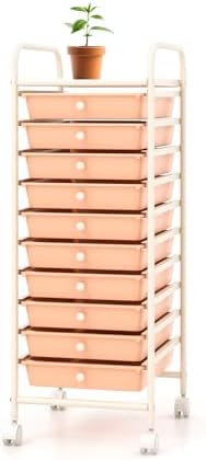 Storage Cart, Rolling Utility Cart with 10 Drawers, Portable Handles & Lockable Wheels, Mobile Paper Toys Storage Organizer Large Capacity for Home Office School Teacher (Peach)