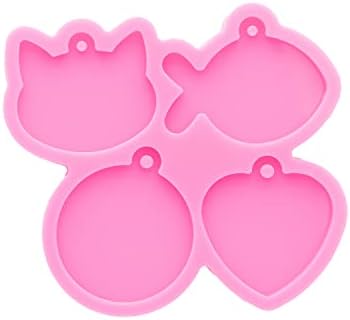 1pc Shiny 4 Cavity Pet Cat Tag Mini Cat Head/Fish/Circle/Heart Resin Silicone Molds Art DIY Handmade Charms Mold with 10PC Key Ring(DY0978)