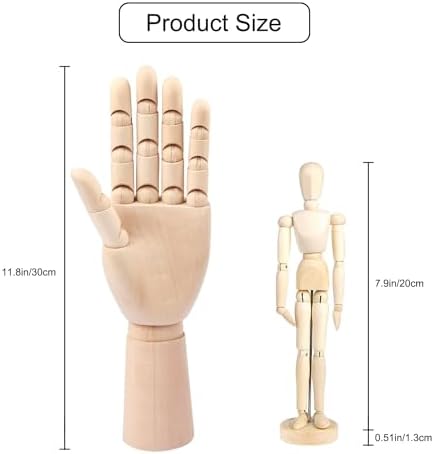 2-Pack 12" Drawing Hand Model,8" Artist Wooden Mannequin Figure Human People Dolls Manikin Supplies Stop Motion Figure Kit,Art Wooden Tools Posable Figure for Drawing,Painting,Sketching