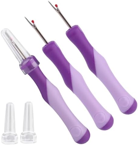 3pcs Seam Ripper, Stitch Remover Tool with Safety Caps and Small Red Ball for Hand Sewing Knitting Cross Stitch Embroidery Thread Removal(Purple)