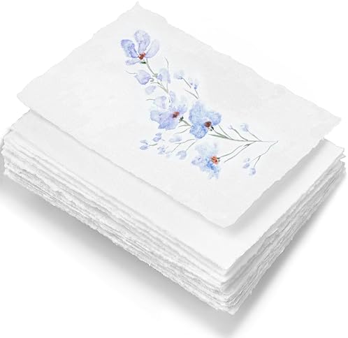 Wanderings Handmade White Deckle Edge Blank Paper - 4" x 6" - Pack of 50 - Watercolor/Mixed Media Paper - Save the Date Invitations Greeting Cards Notes DIY Arts Crafts - Thick 150 GSM